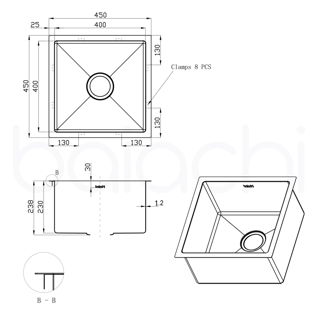 Baiachi 450x450 Handmade Kitchen and Laundry Stainless Steel Sink Single Bowl Top Undermount