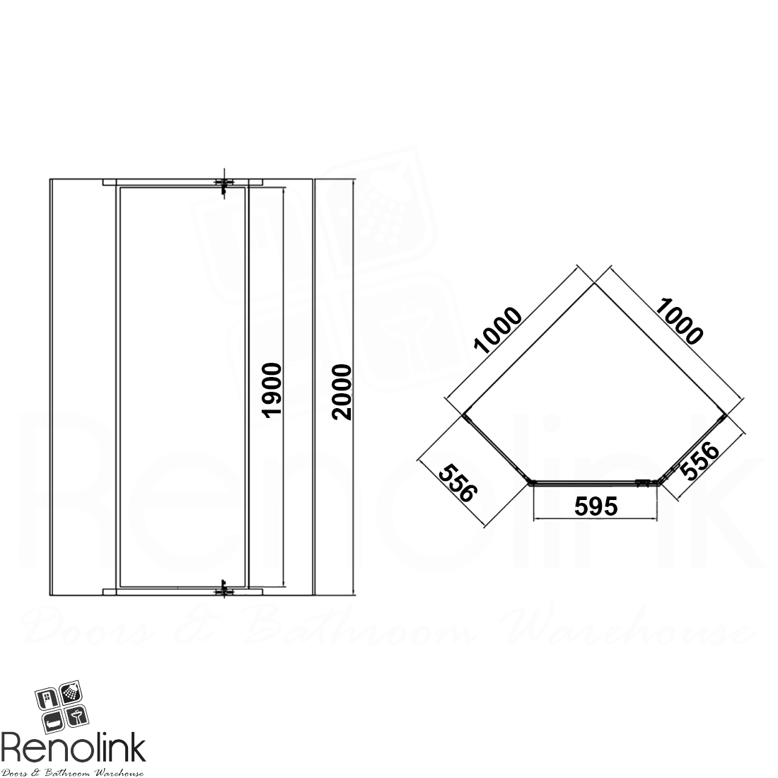 Frameless shower screen 1000x1000mm Diamond Gun Metal