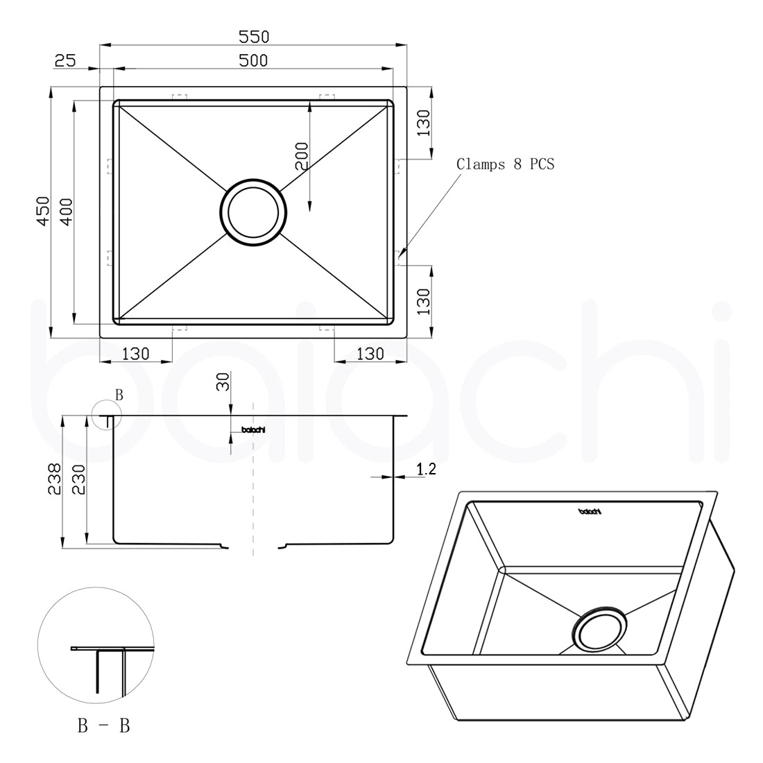 Baiachi 550x450 Handmade Kitchen and Laundry Stainless Steel Sink Single Bowl Top Undermount