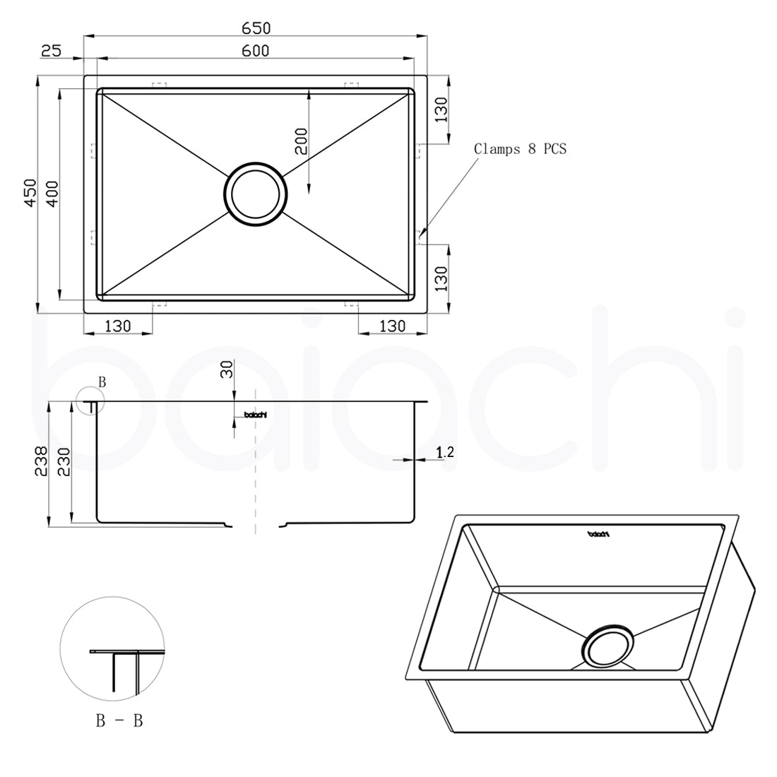 Baiachi 650x450 Handmade Kitchen and Laundry Stainless Steel Sink Single Bowl Top Undermount Gun Metal