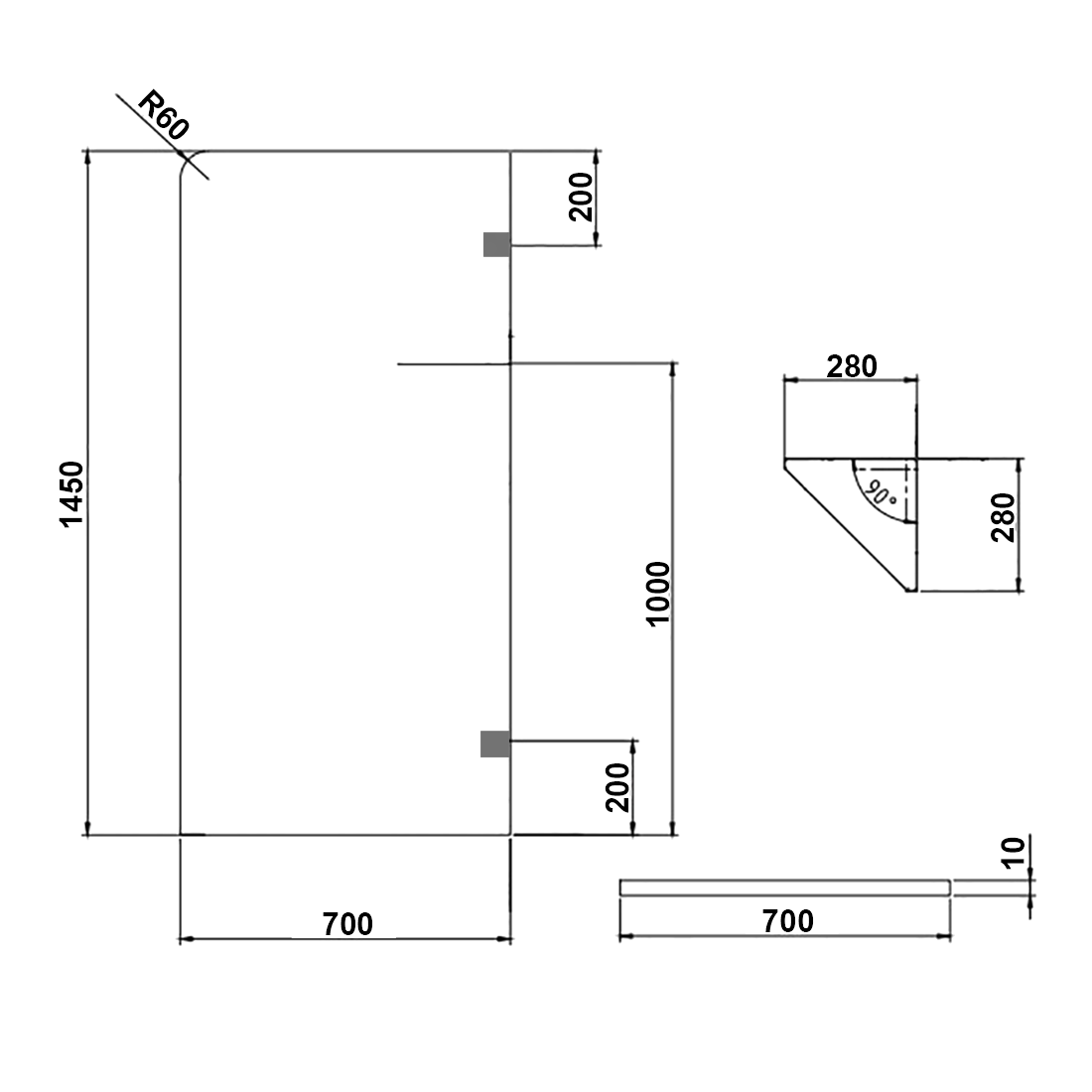 Frameless Bath Panel Shower Screen 700x1450mm Chrome