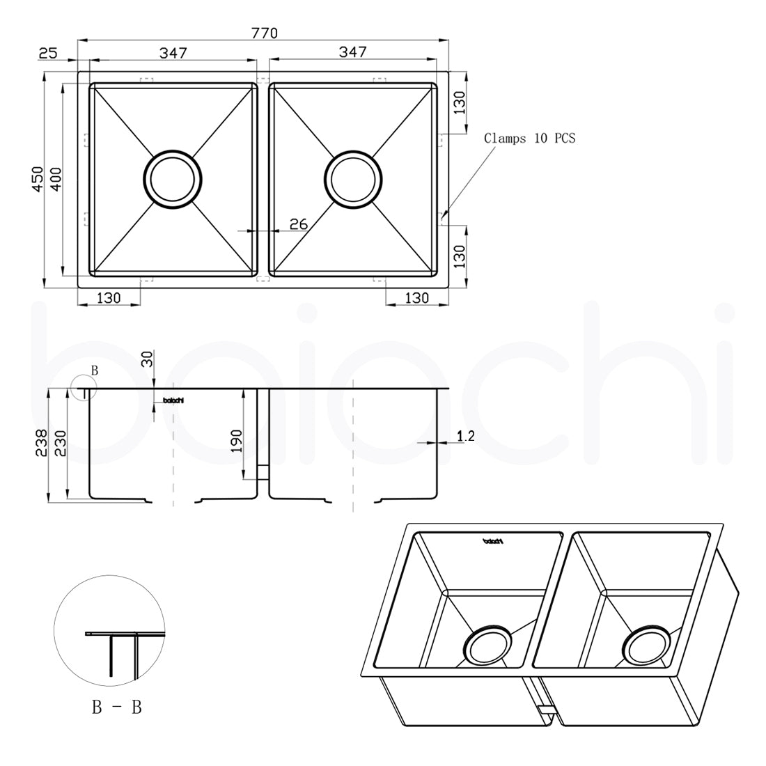 Baiachi 770x450 Handmade Kitchen and Laundry Stainless Steel Sink Double Bowl Top Undermount Brushed Gold