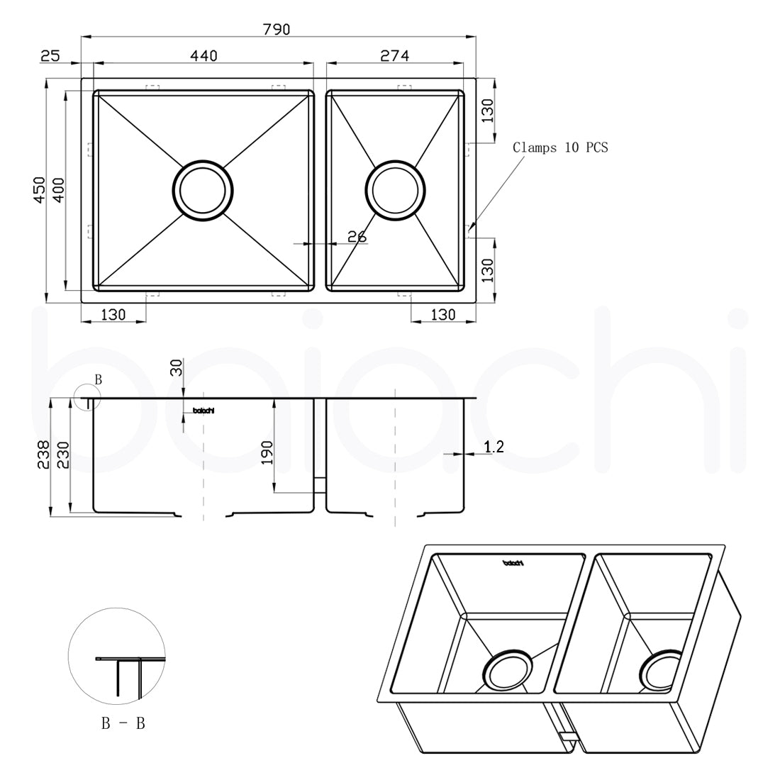 Baiachi 790x450 Handmade Kitchen and Laundry Stainless Steel Sink Double Bowl Top Undermount Gun Metal