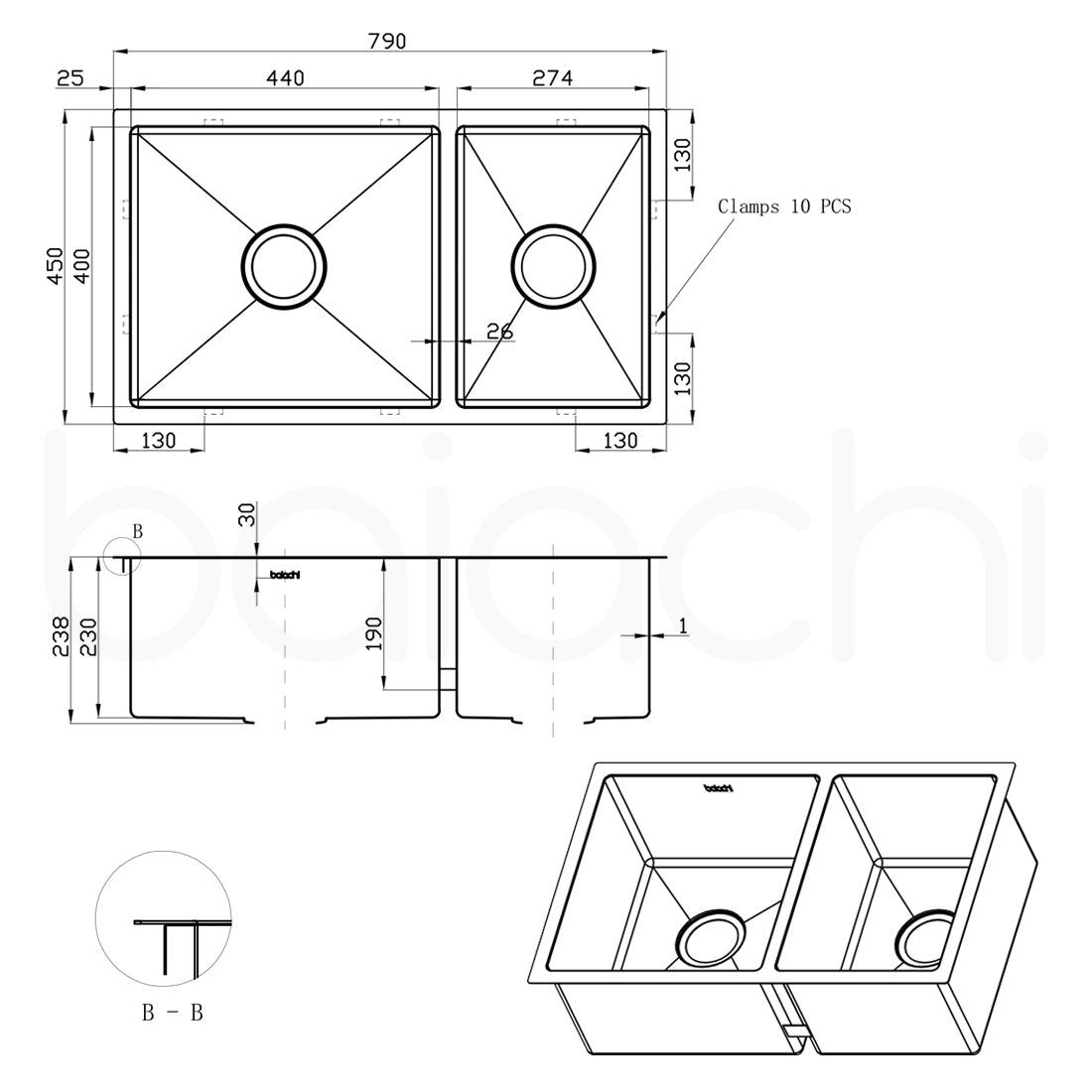 Baiachi 790x450 Handmade Kitchen and Laundry Stainless Steel Sink Double Bowl Top Undermount Gun Metal