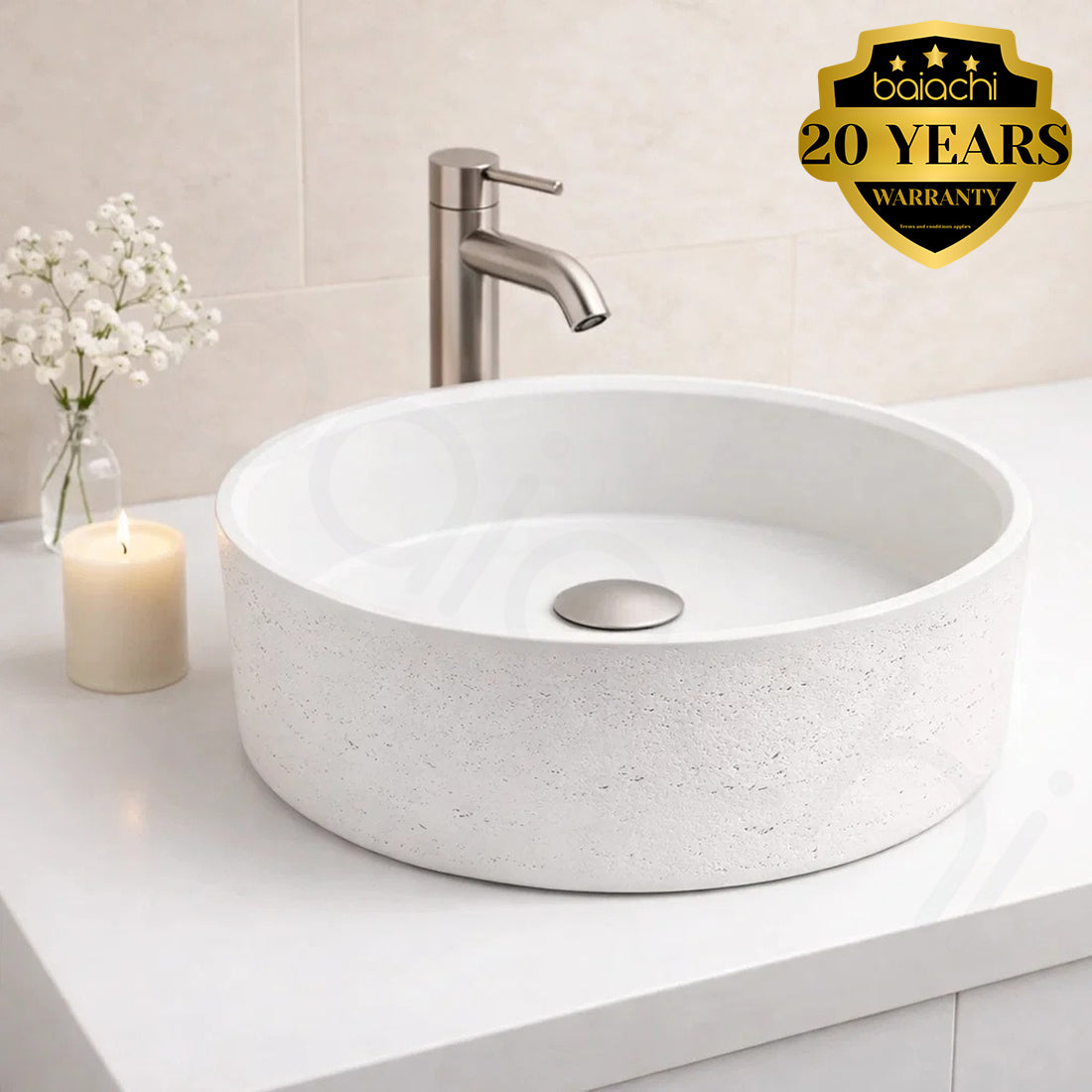 Baiachi Travertine Concrete Bathroom Counter top Basin Tivoli Natural White