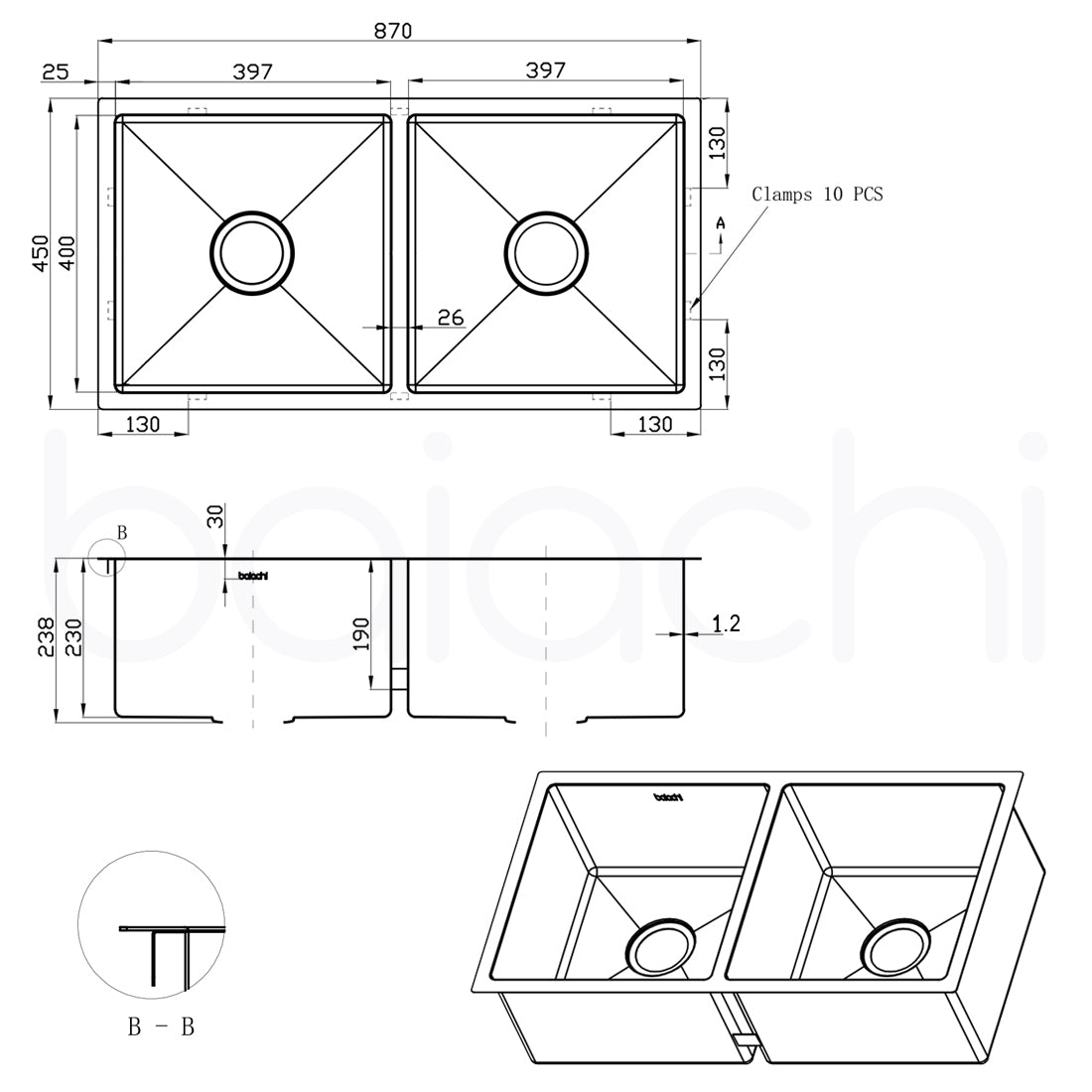 Baiachi 870x450 Handmade Kitchen and Laundry Stainless Steel Sink Double Bowl Top Undermount Brushed Gold