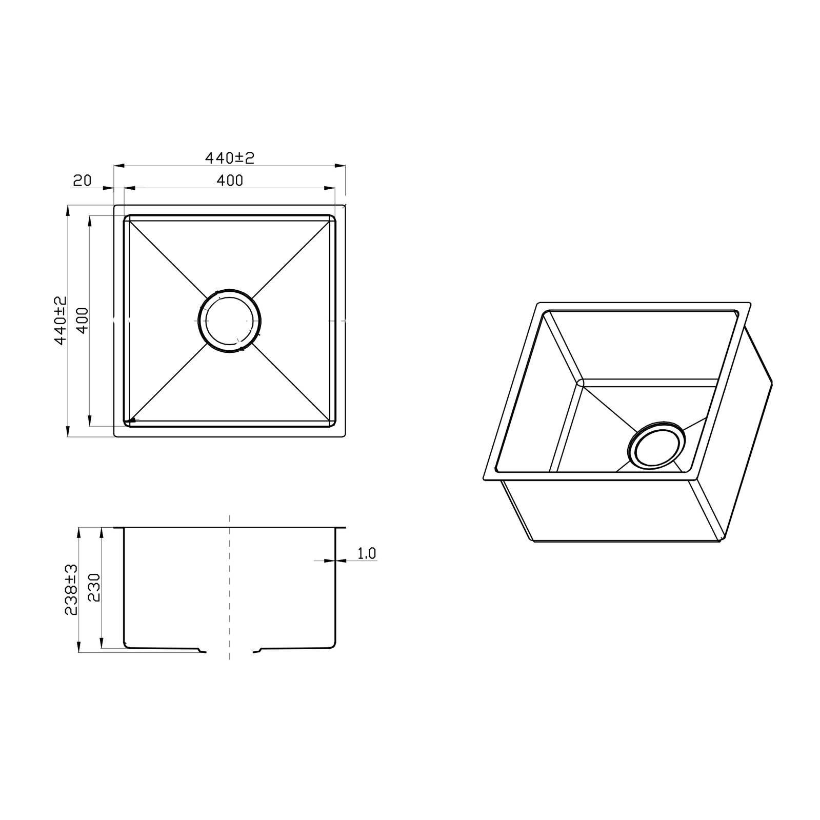 440X440mm Handmade Laundry Kitchen Sink Top/Under Mount Stainless Steel