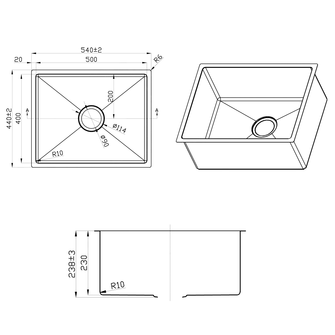 540X440mm Handmade Laundry Kitchen Sink Top/Under Mount Brushed Gold