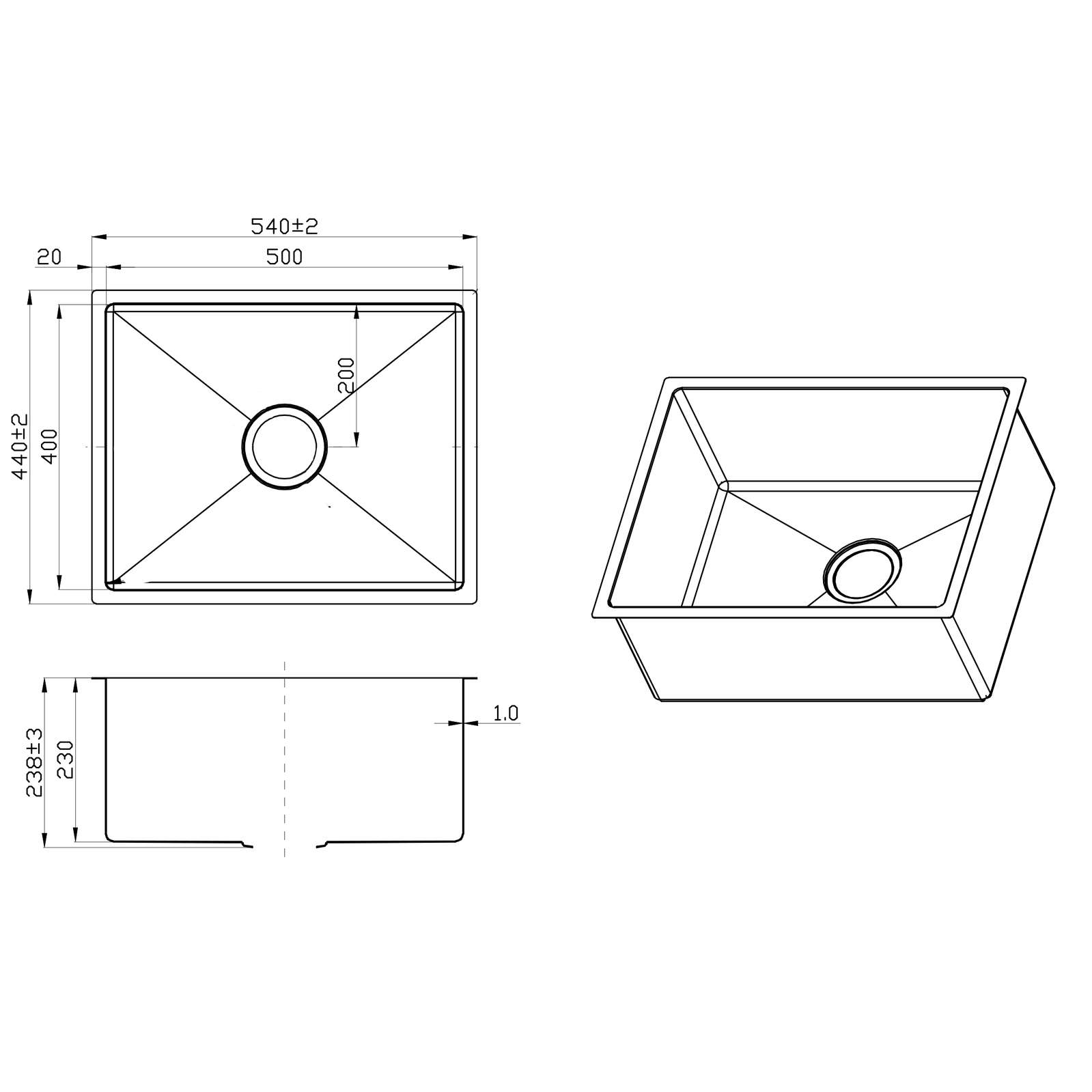 540X440mm Handmade Laundry Kitchen Sink Top/Under Mount Stainless Steel