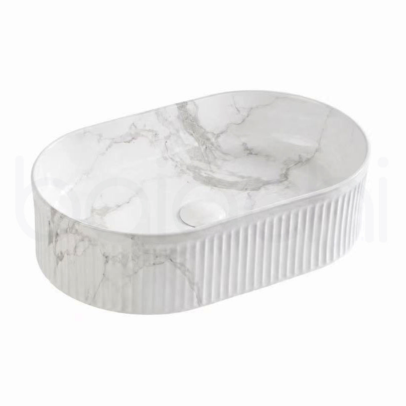 Baiachi 490x310mm Ceramic Above Counter Fluted Basin Calacatta Borghini