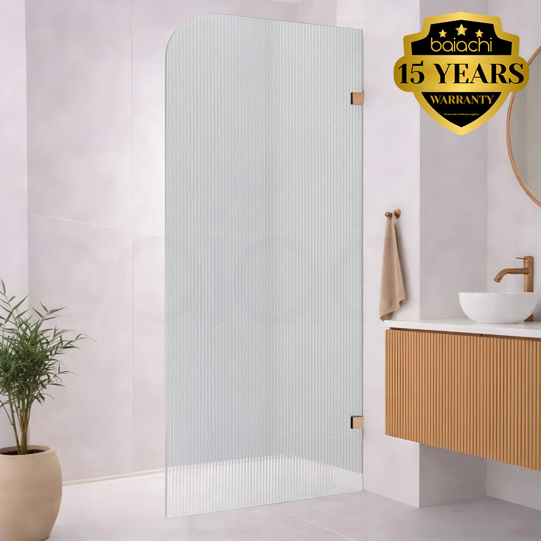 Baiachi 1200mm Curved Fluted Glass Fixed Panel Shower Screen Brushed Copper Left
