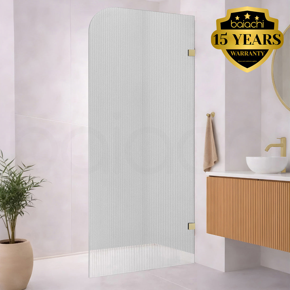 Baiachi 800mm Curved Fluted Glass Fixed Panel Shower Screen Brushed Gold Left