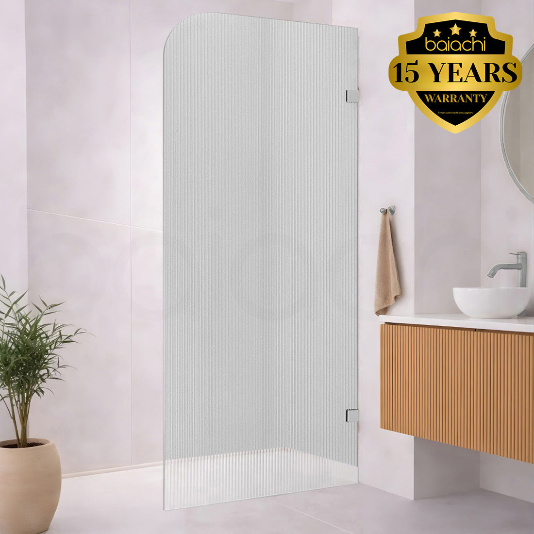 Baiachi 1200mm Curved Fluted Glass Fixed Panel Shower Screen Chrome Left