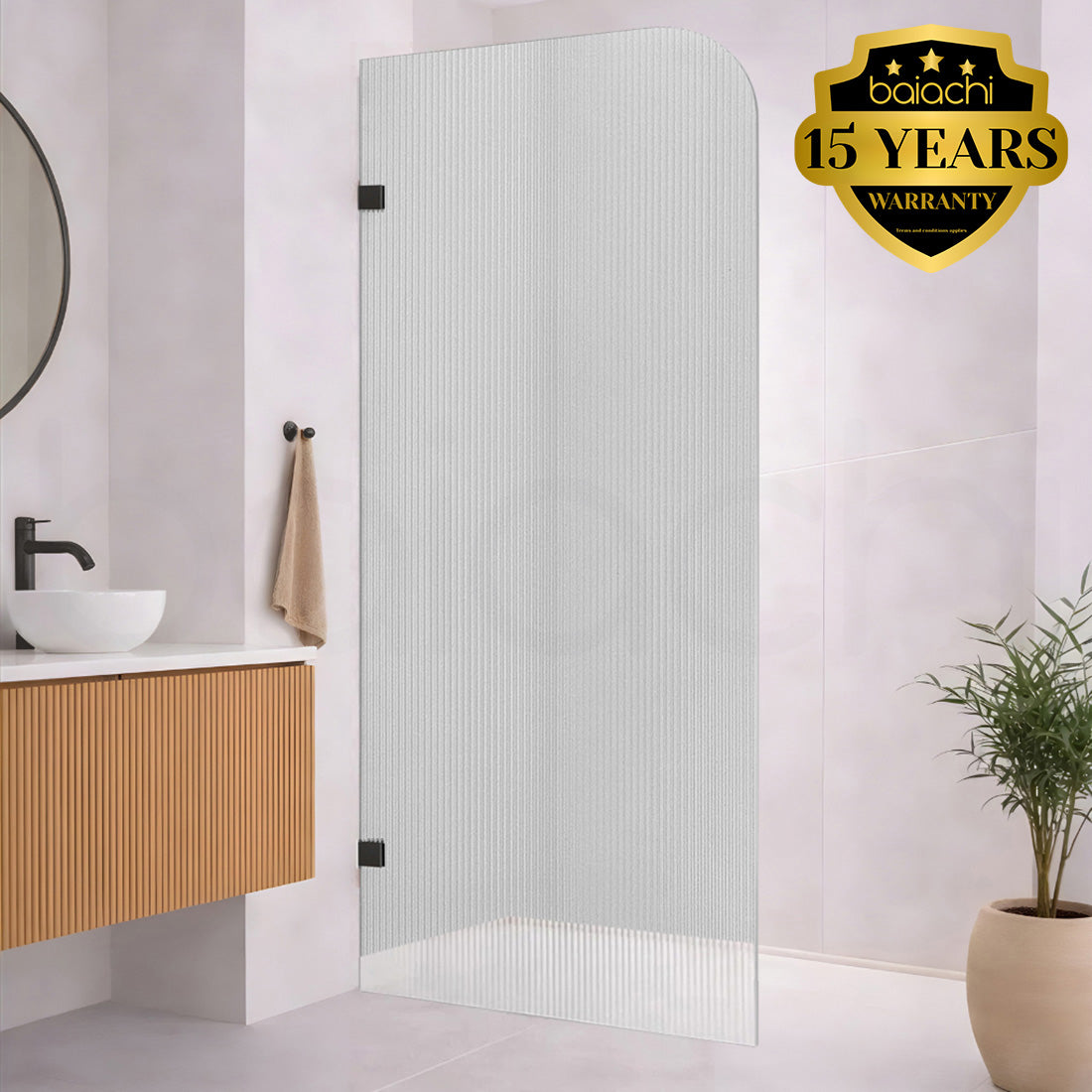 Baiachi 900mm Curved Fluted Glass Fixed Panel Shower Screen Antique Brass Right