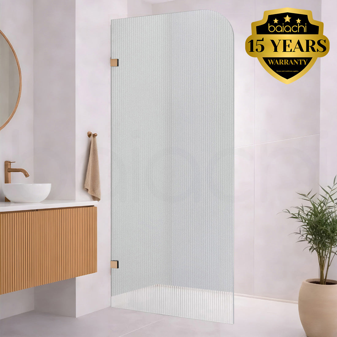 Baiachi 1200mm Curved Fluted Glass Fixed Panel Shower Screen Brushed Copper Right