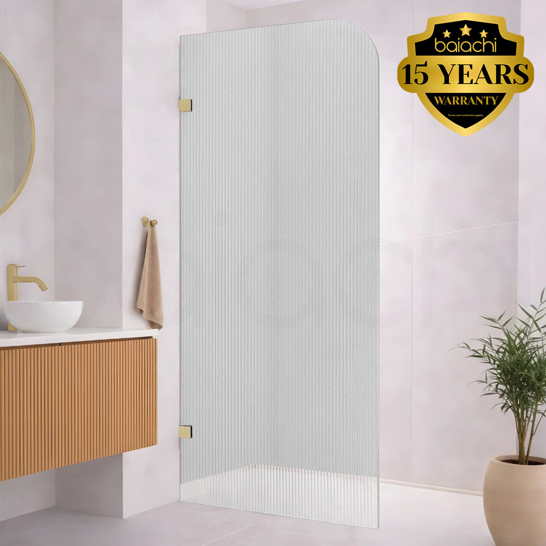 Baiachi 1000mm Curved Fluted Glass Fixed Panel Shower Screen Brushed Gold Right