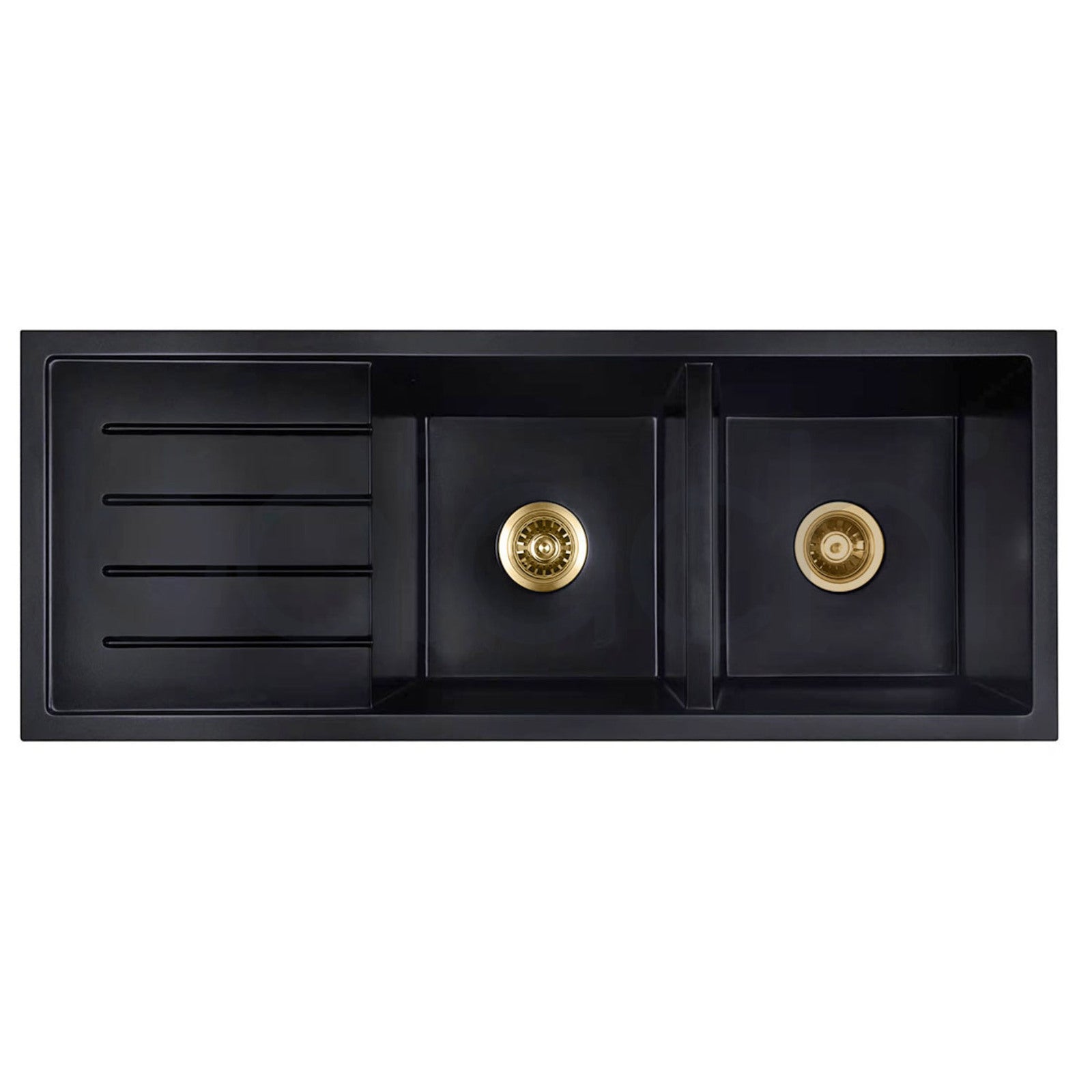 Baiachi Double Bowl and Drainer Granite Kitchen Sink Black with Brushed Gold Waste