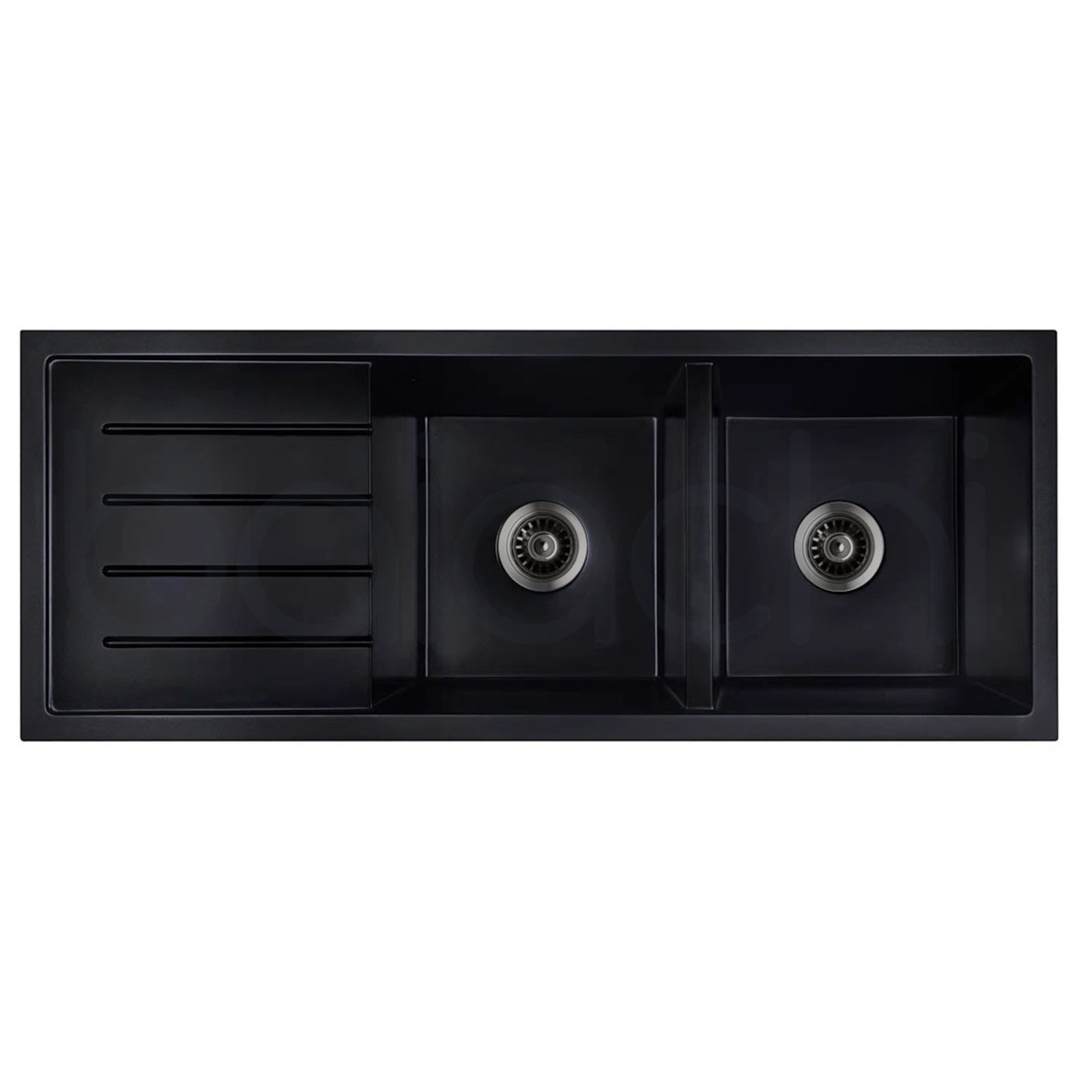 Baiachi 1160 x 450 Double Bowl and Drainer Granite Kitchen Sink Black with Black Waste