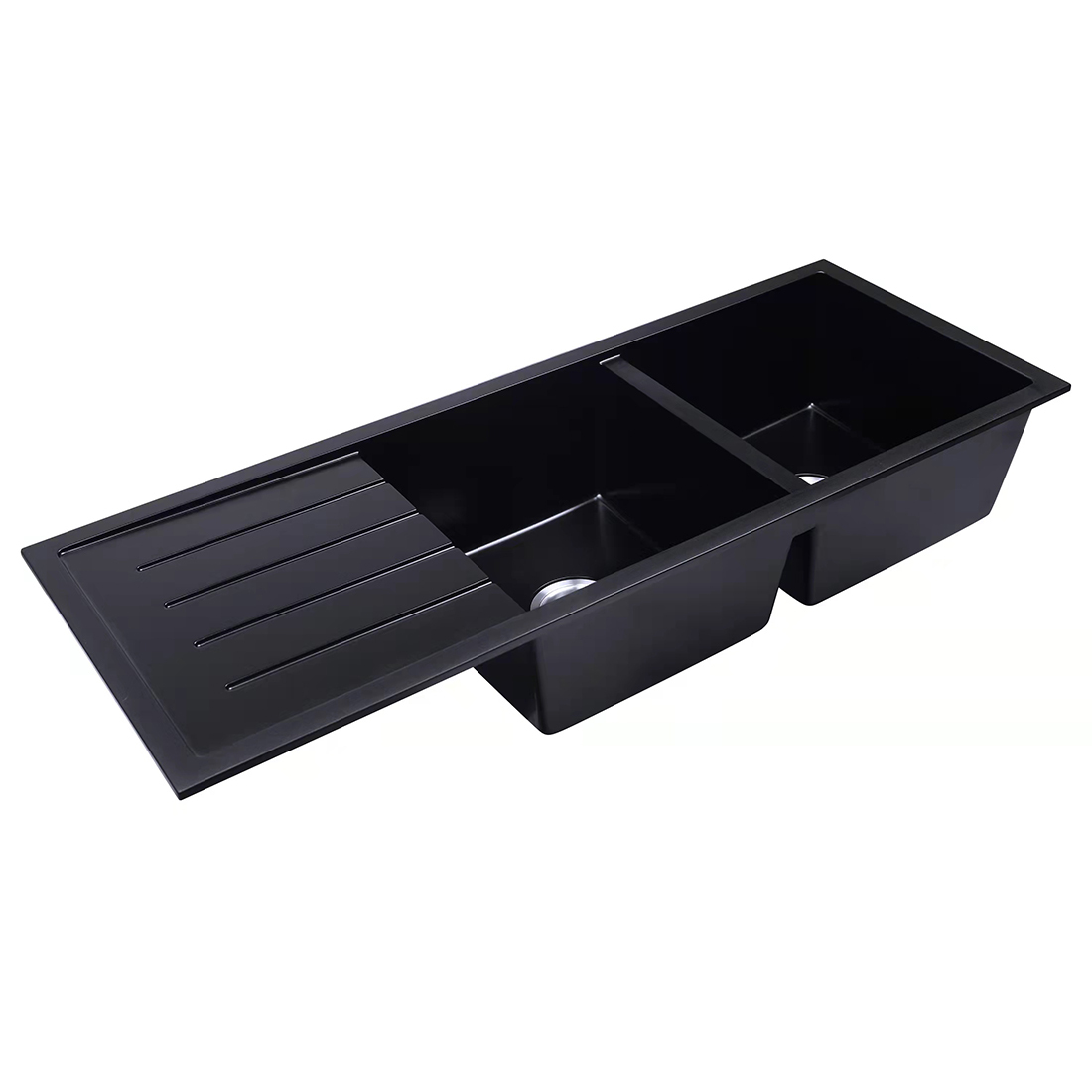 Baiachi 1160 x 450 Double Bowl and Drainer Granite Kitchen Sink Black with Black Waste