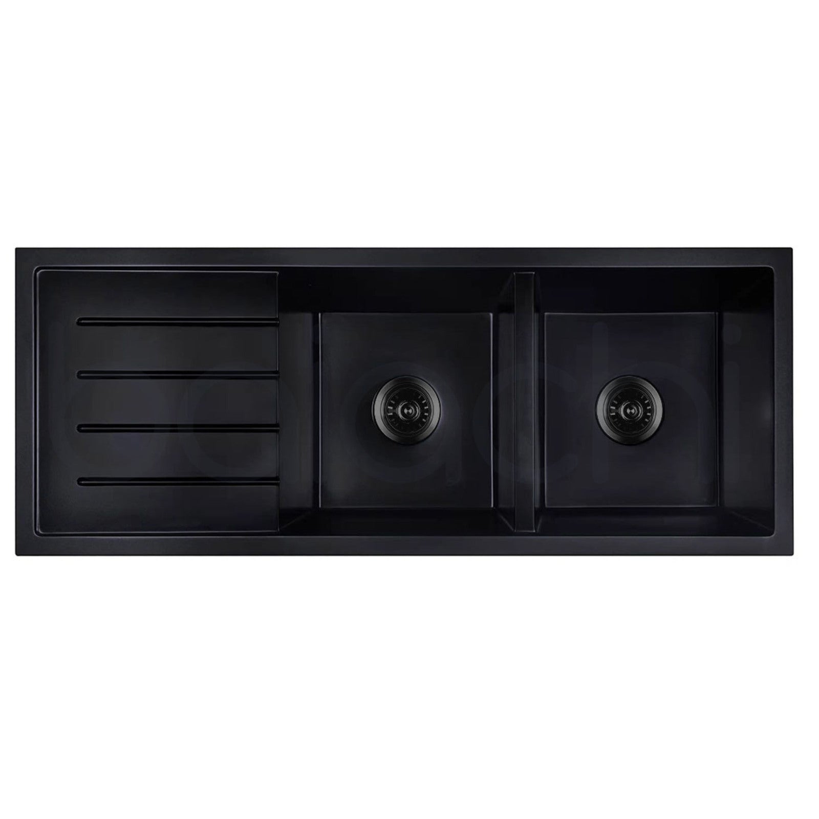 Baiachi 1160 x 450 Double Bowl and Drainer Granite Kitchen Sink Black with Black Waste