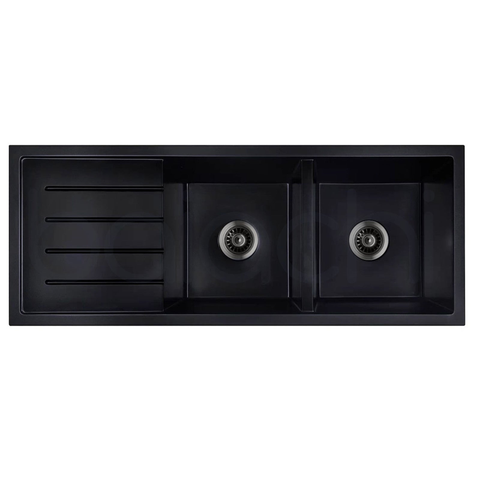 Baiachi 1160 x 450 Double Bowl and Drainer Granite Kitchen Sink Black with Gun metal Waste