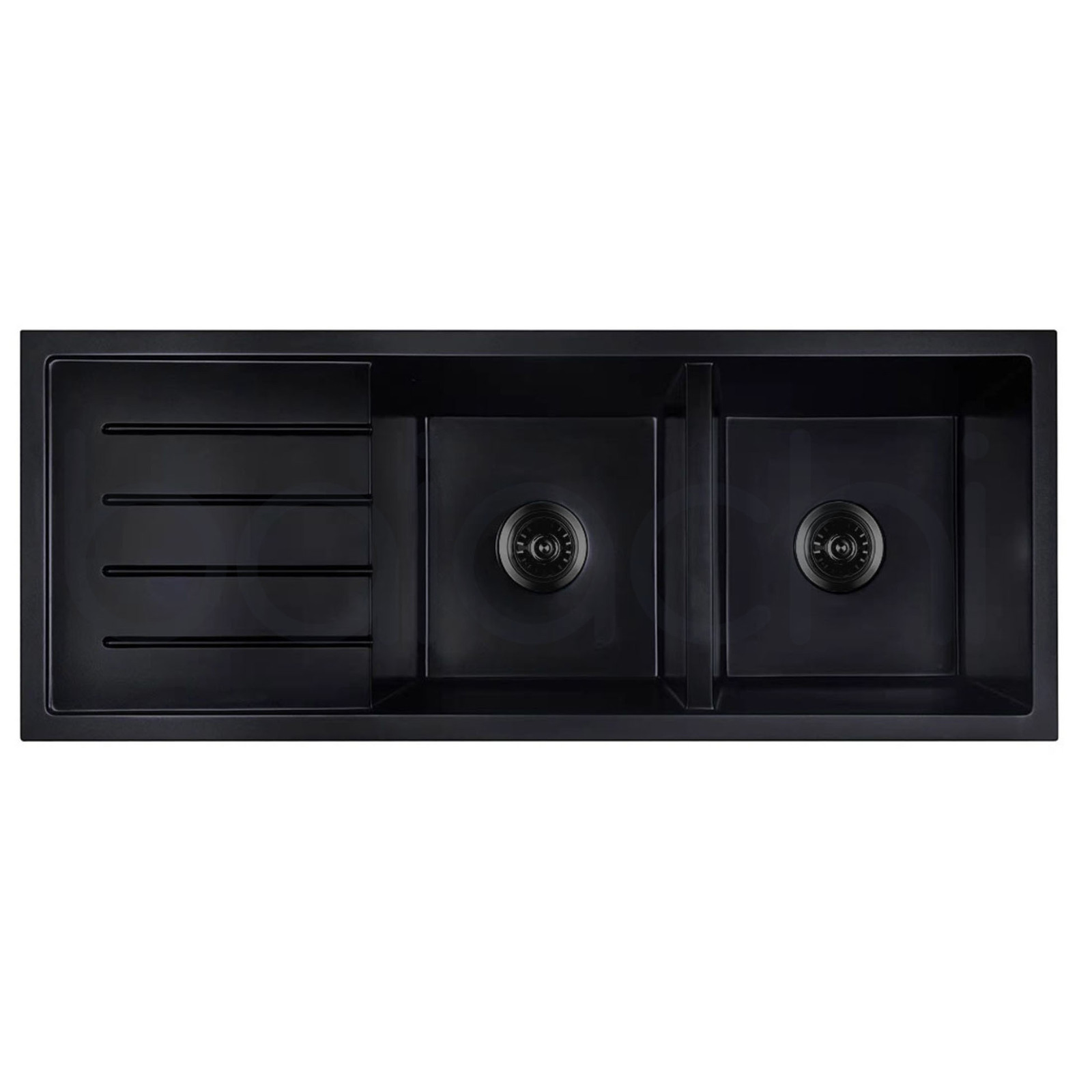 Baiachi 1160 x 450 Double Bowl and Drainer Granite Kitchen Sink Black with Gun metal Waste