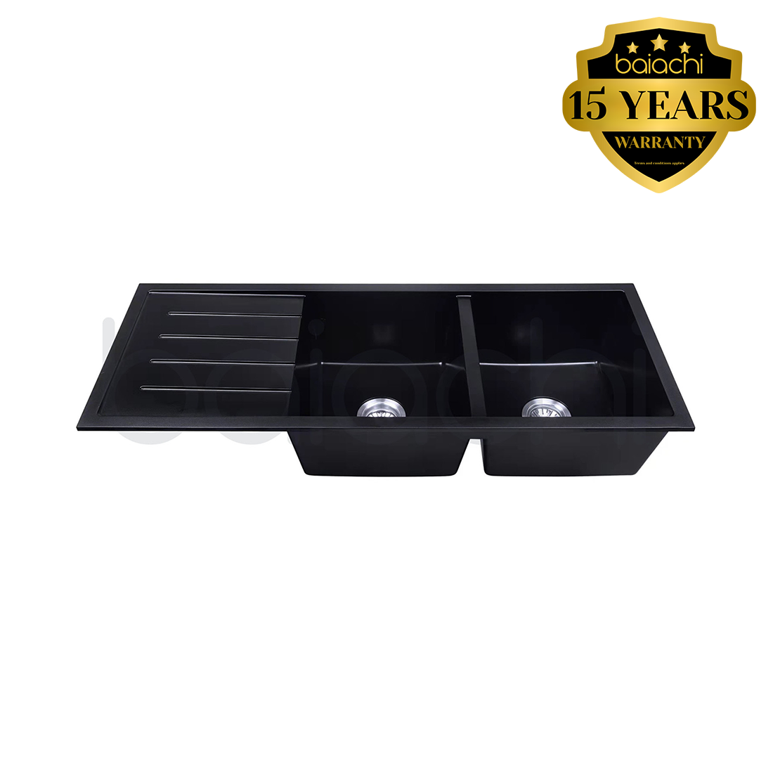 Baiachi 1160 x 450 Double Bowl and Drainer Granite Kitchen Sink Black