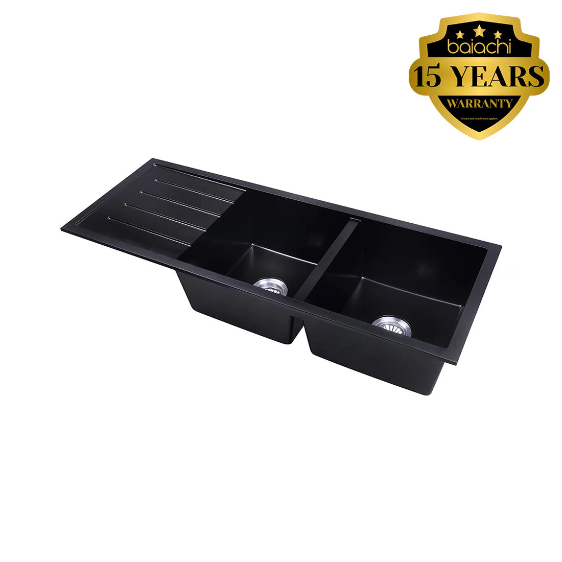 Baiachi 1160 x 450 Double Bowl and Drainer Granite Kitchen Sink Black