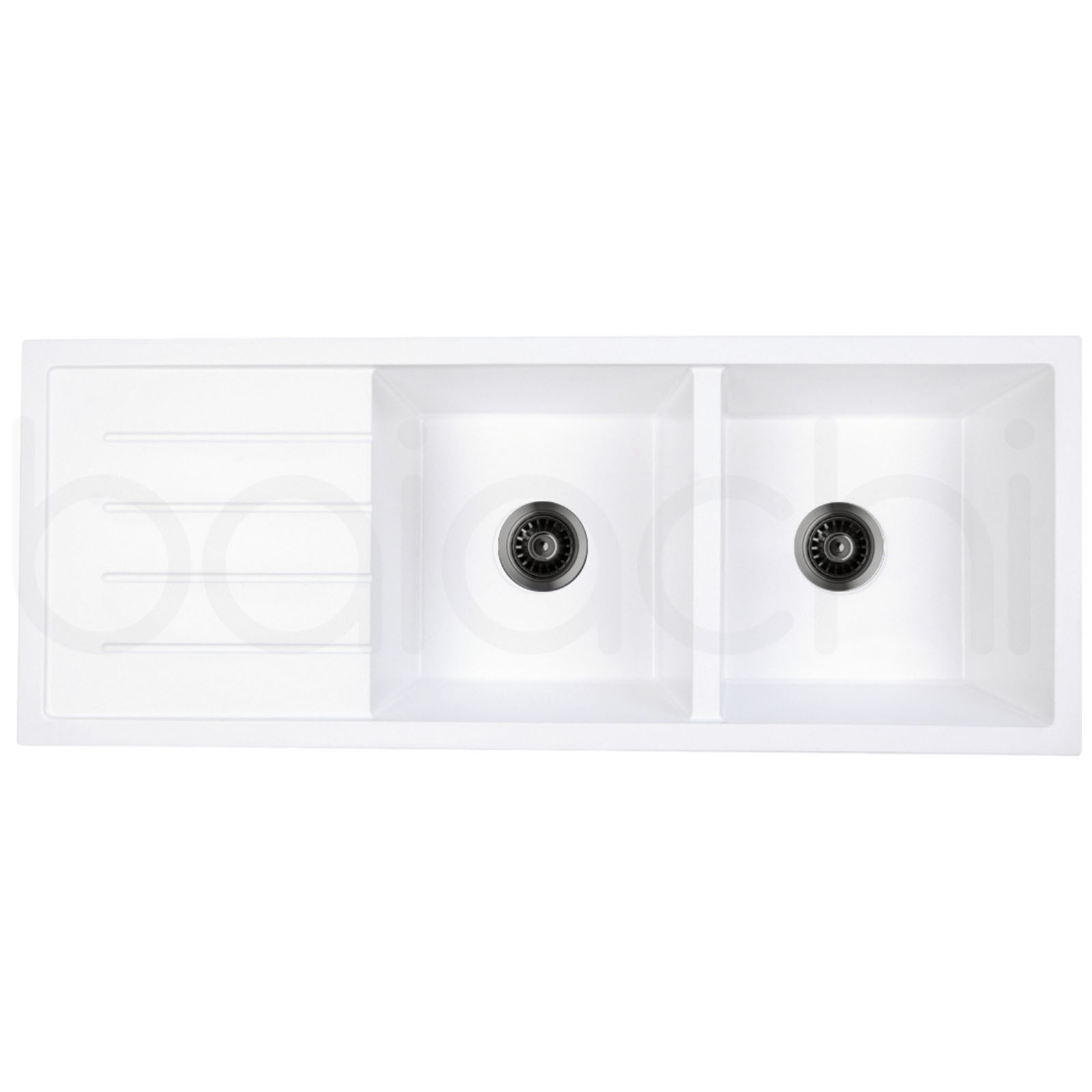 Baiachi 1160 x 450 Double Bowl and Drainer Granite Kitchen Sink White with Black Waste
