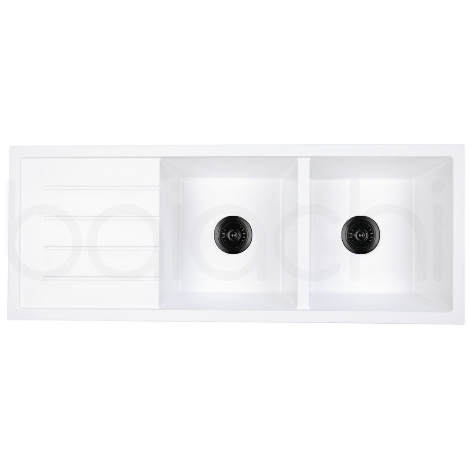 Baiachi 1160 x 450 Double Bowl and Drainer Granite Kitchen Sink White with Black Waste