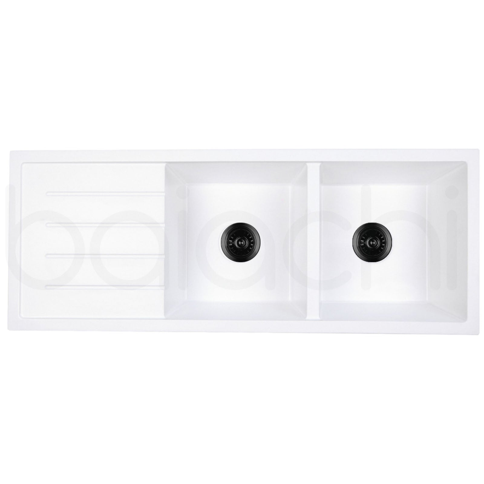 Baiachi 1160 x 450 Double Bowl and Drainer Granite Kitchen Sink White with Black Waste