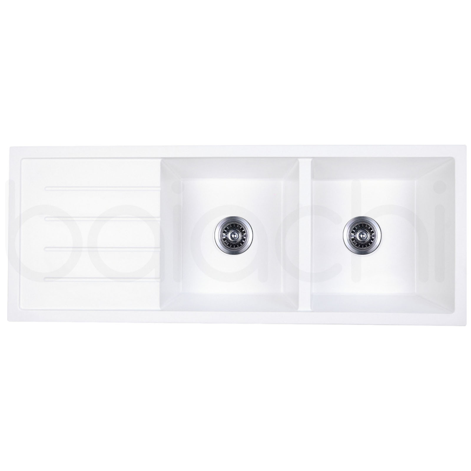 Baiachi 1160 x 450 Double Bowl and Drainer Granite Kitchen Sink White with Black Waste