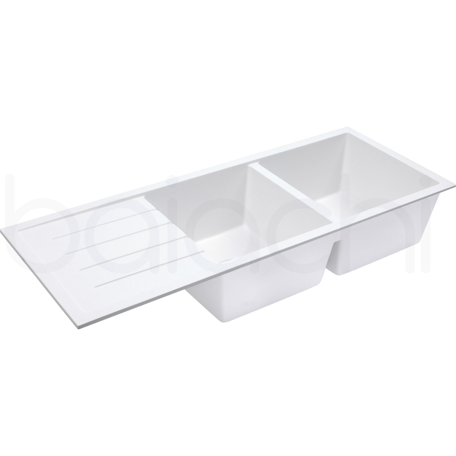 Baiachi 1160 x 450 Double Bowl and Drainer Granite Kitchen Sink White with Gun metal Waste