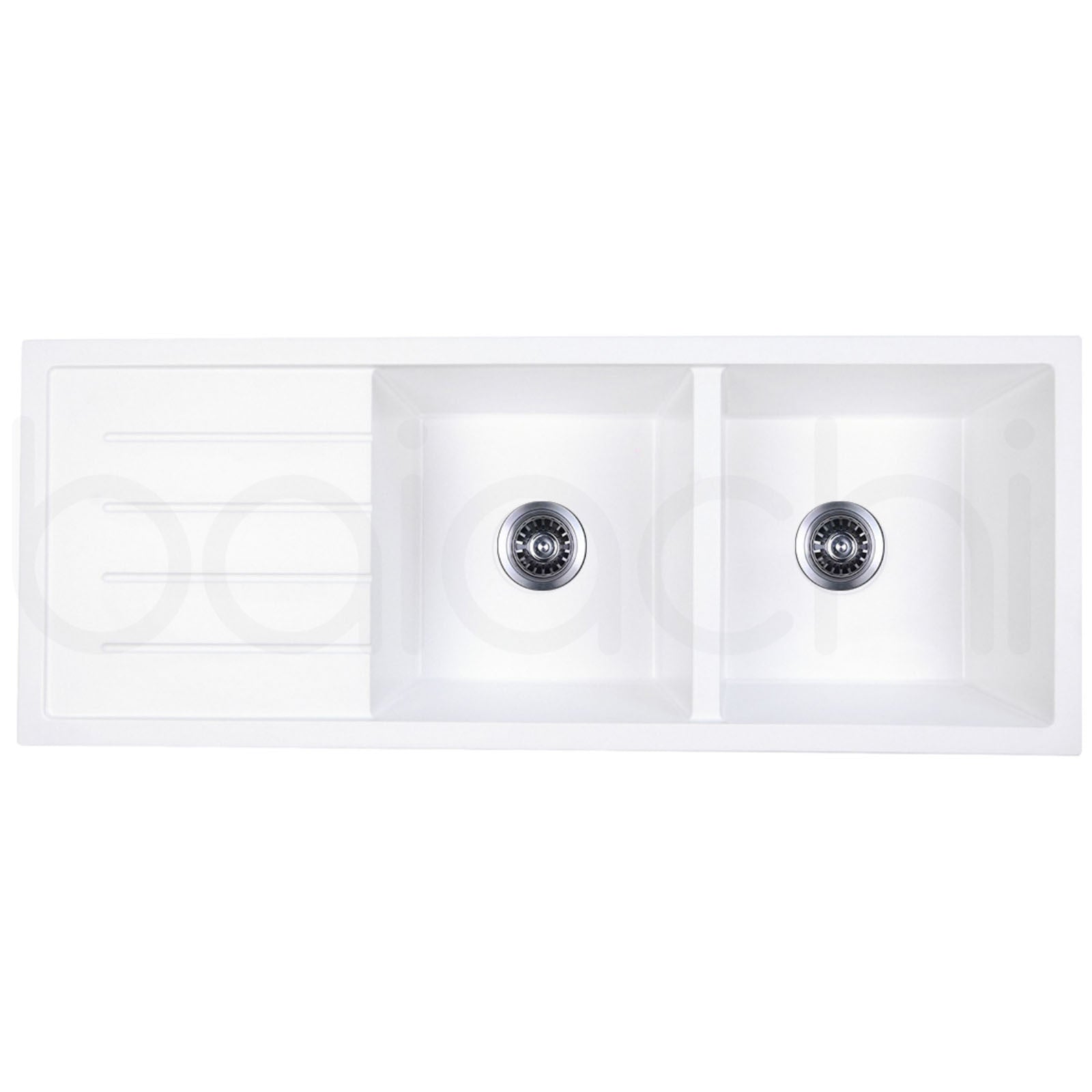 Baiachi 1160 x 450 Double Bowl and Drainer Granite Kitchen Sink White with Stainless Steel Waste