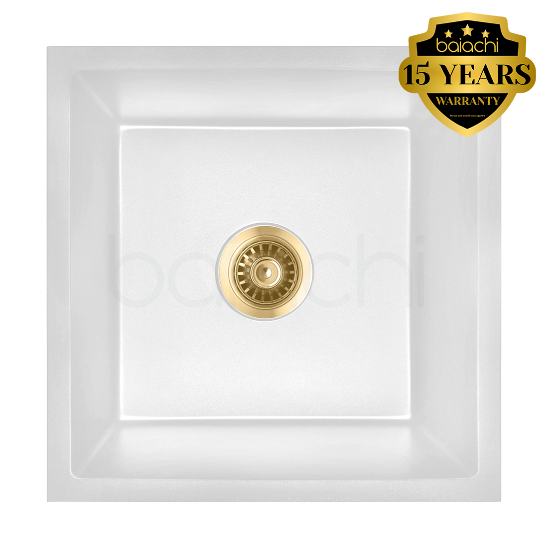 Baiachi Single Bowl Granite Kitchen Sink White with Brushed Gold Waste