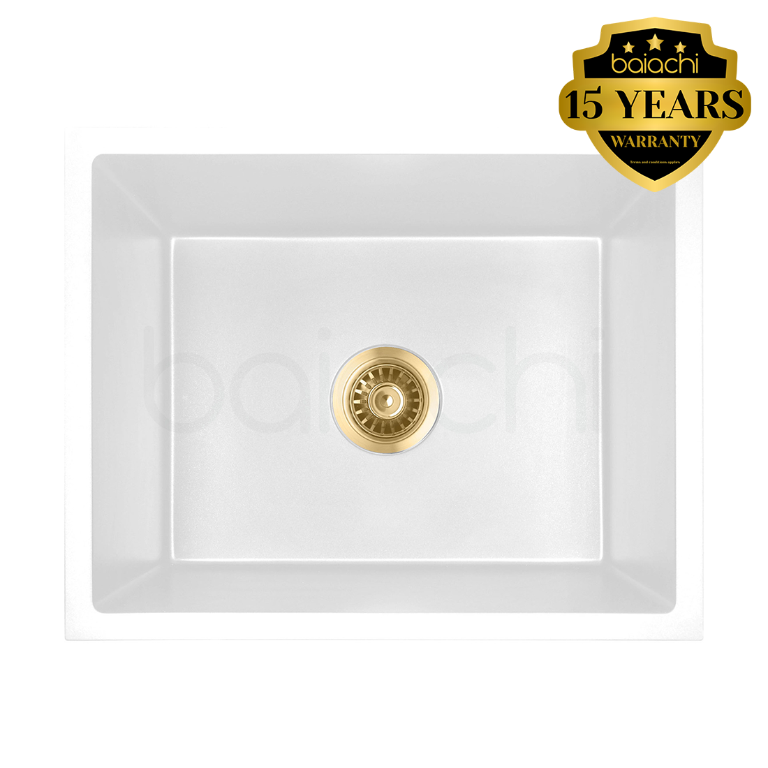 Baiachi Single Bowl Granite Kitchen Sink White with Brushed Gold Waste