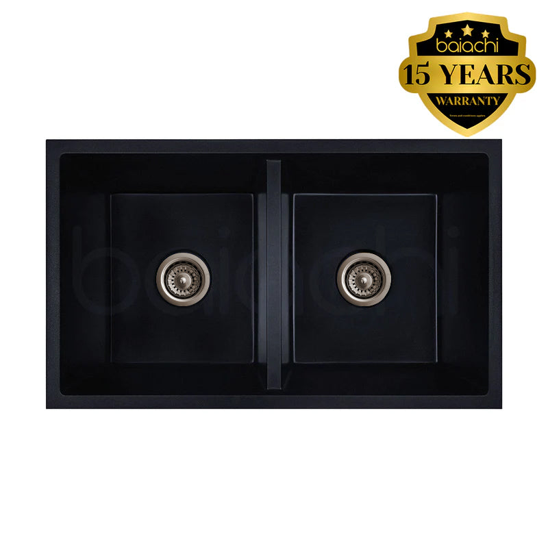 Baiachi 770 x 450 Double Bowl Granite Kitchen Sink Black with Antique Bronze Waste