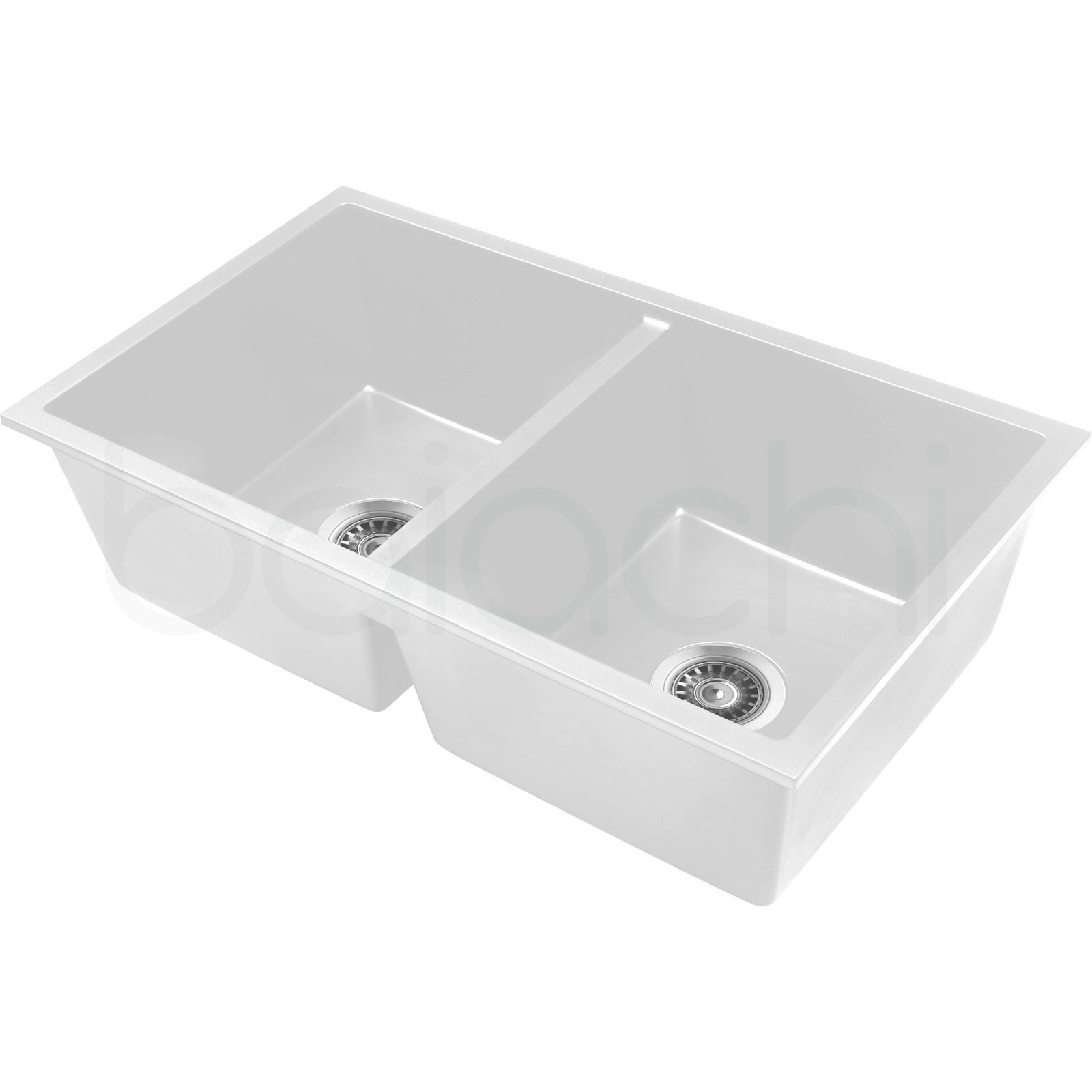 Baiachi 770 x 450 Double Bowl Granite Kitchen Sink White with Stainless Steel Waste