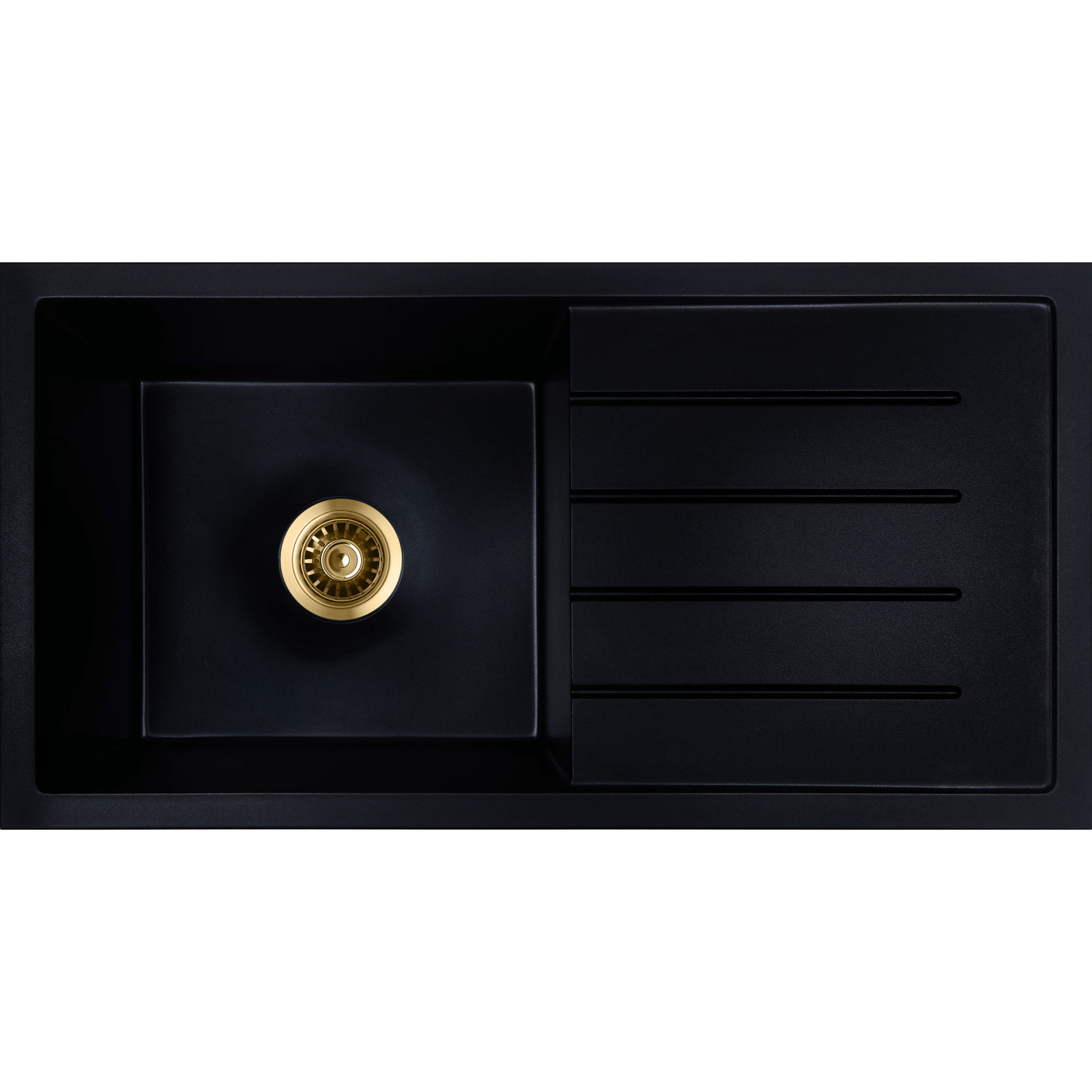 Baiachi 860 x 450 Single Bowl and Drainer Granite Kitchen Sink Black with Brushed Gold Waste