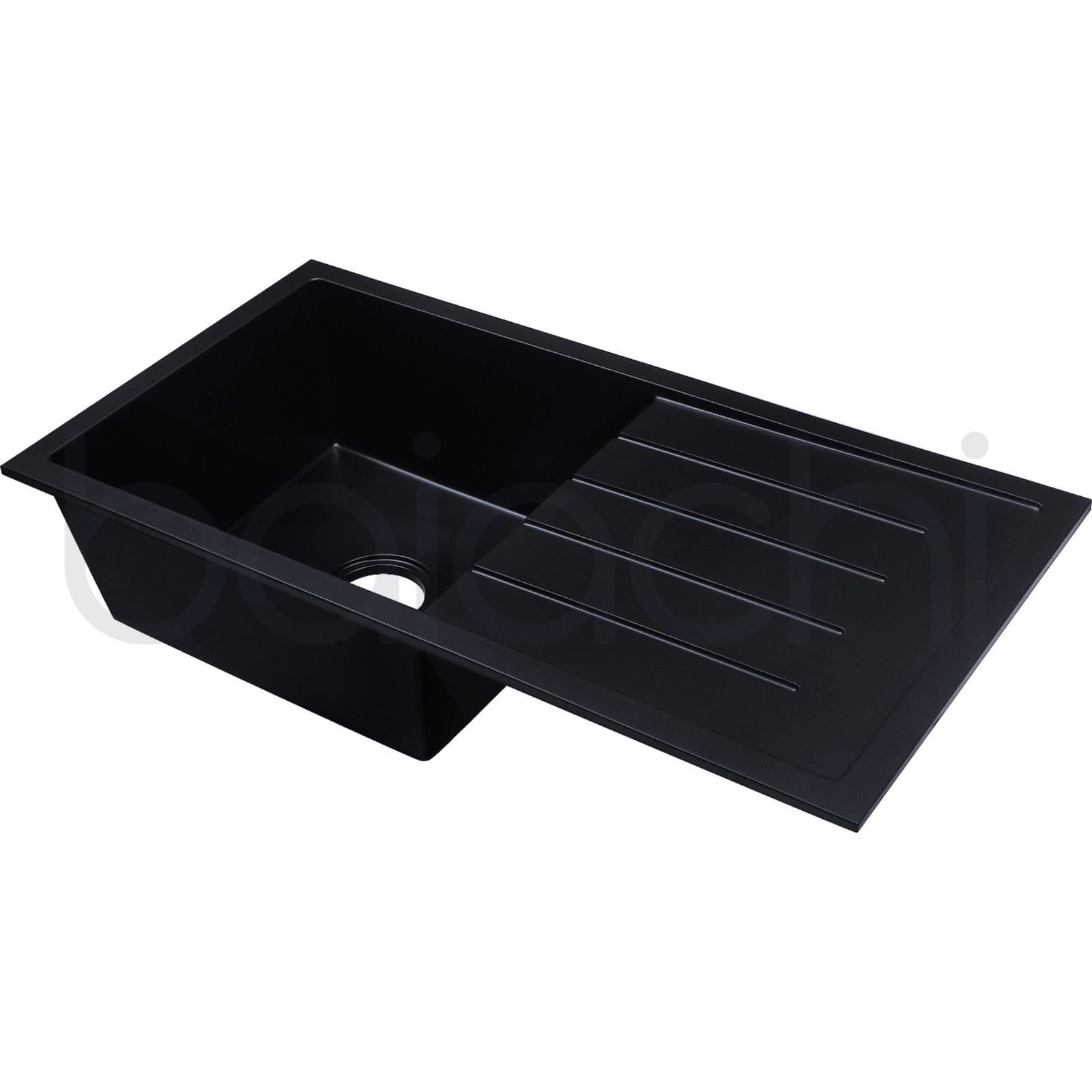 Baiachi 860 x 450 Single Bowl and Drainer Granite Kitchen Sink Black with Gun metal Waste