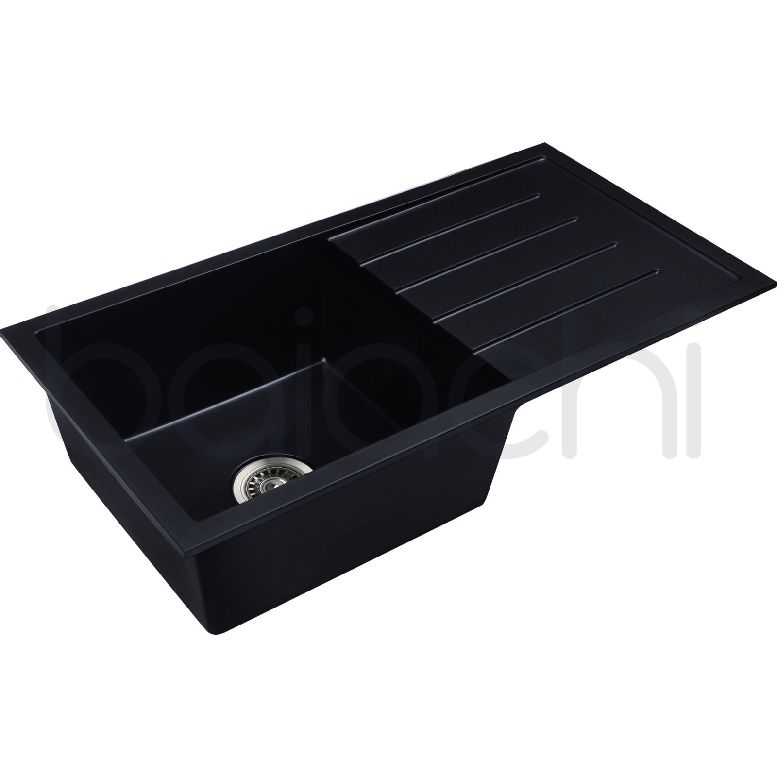 Baiachi Single Bowl and Drainer Granite Kitchen Sink Black with Stainless Steel Waste