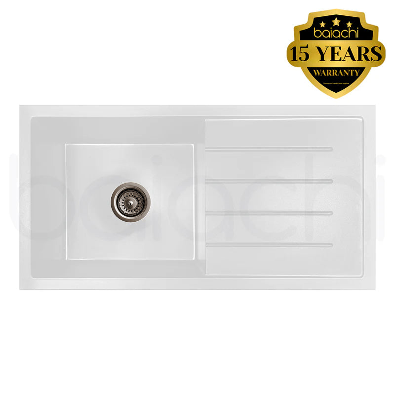 Baiachi 860 x 450 Single Bowl and Drainer Granite Kitchen Sink White with Antique Bronze Waste