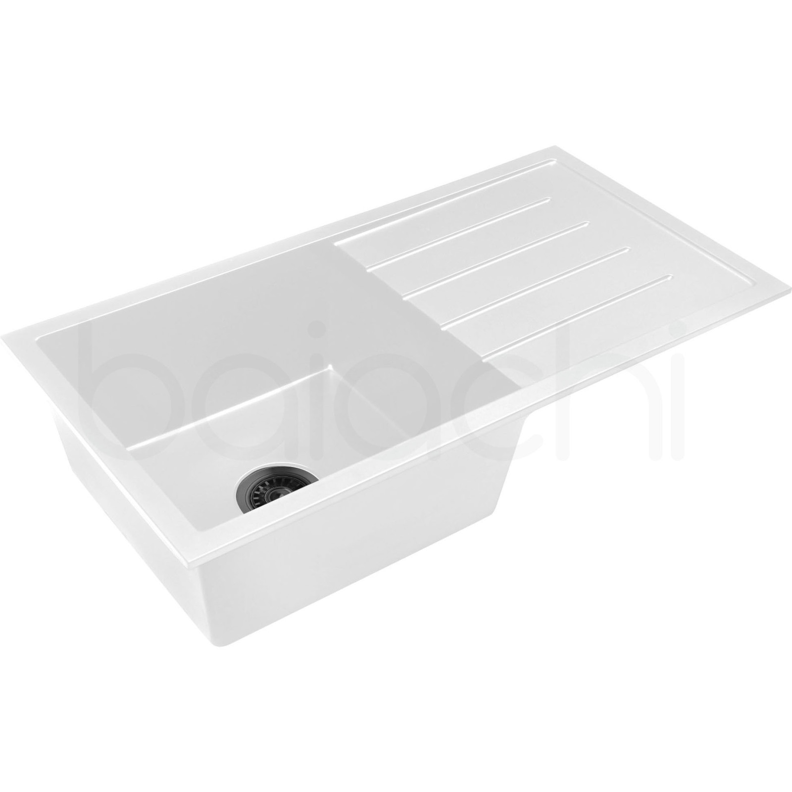 Baiachi 860 x 450 Single Bowl and Drainer Granite Kitchen Sink White with Brushed Gold Waste