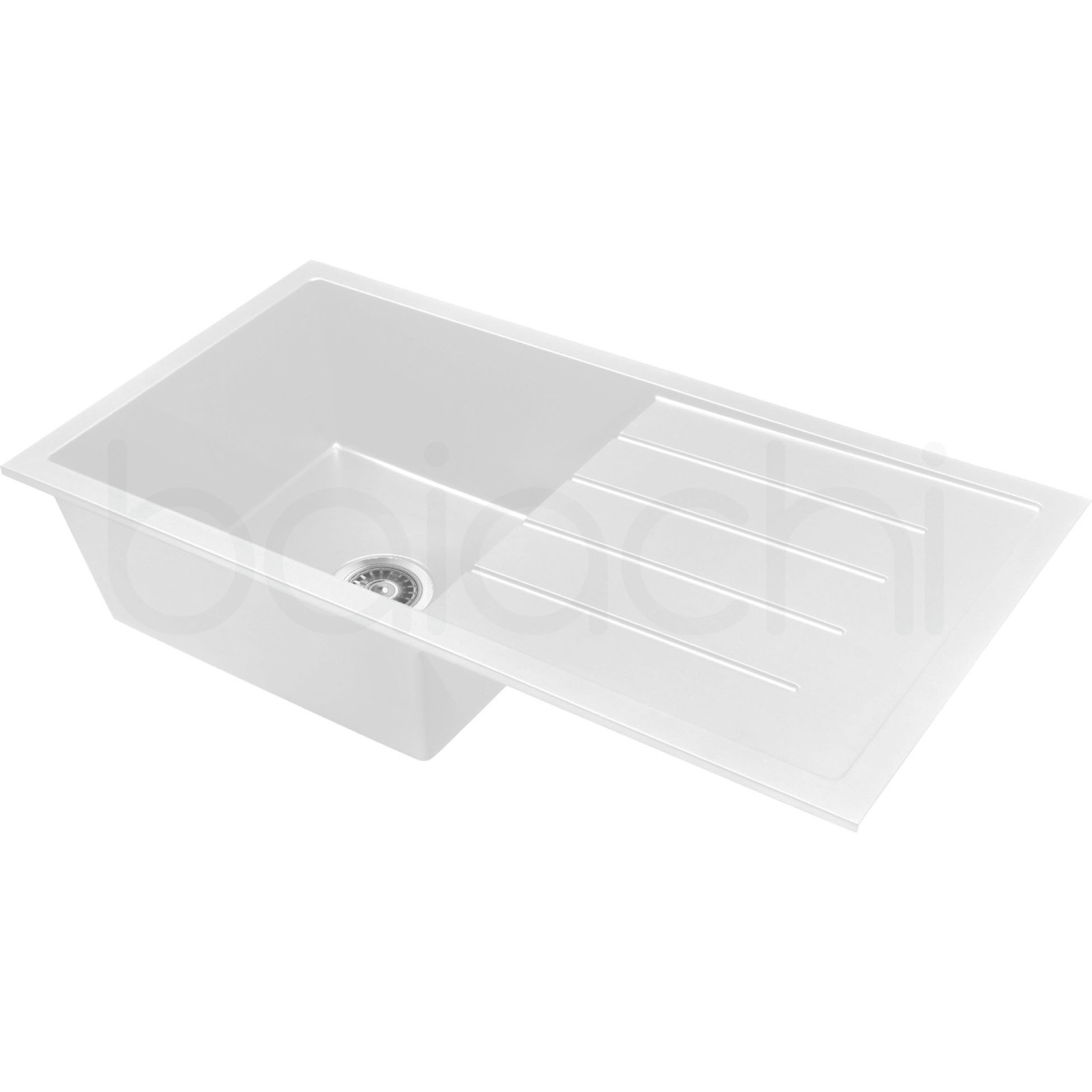 Baiachi 860 x 450 Single Bowl and Drainer Granite Kitchen Sink White with Stainless Steel Waste