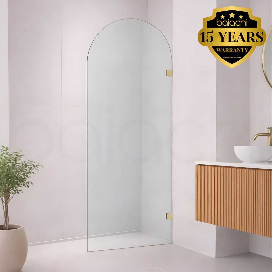 Baiachi 1000mm Arched Glass Fixed Panel Shower Screen Brushed Gold