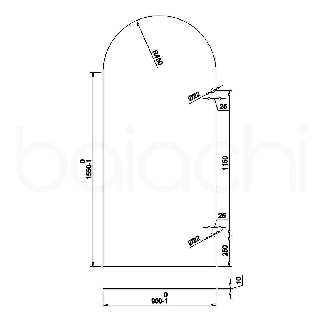 Baiachi 900mm Arched Glass Fixed Panel Shower Screen Matte Black