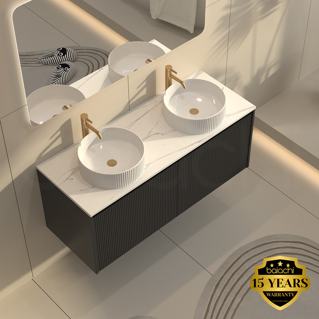 Baiachi Clermont 1500 Black Fluted Wall Hung Bathroom Vanity White Stone