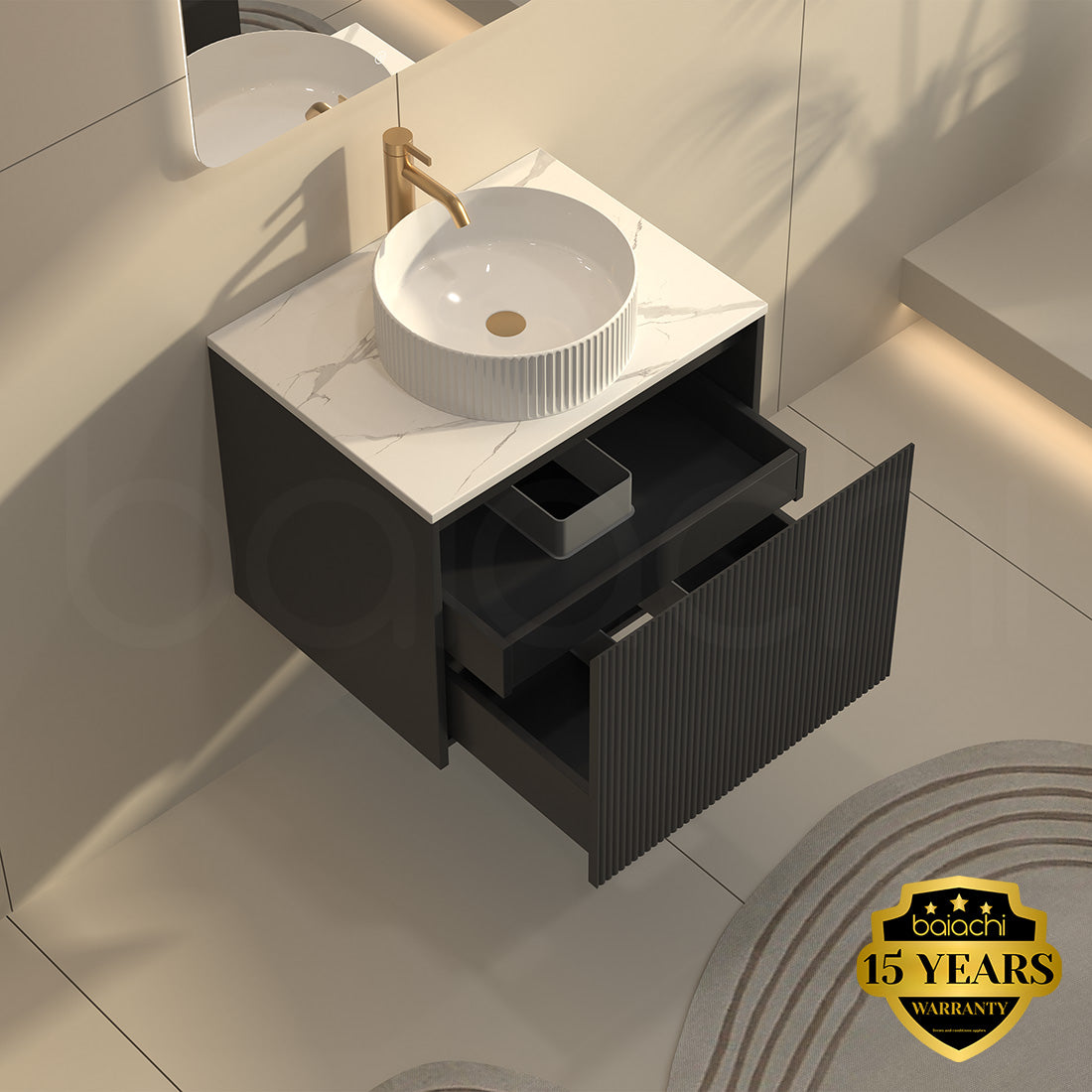 Baiachi Clermont 600 Black Fluted Wall Hung Bathroom Vanity White Stone