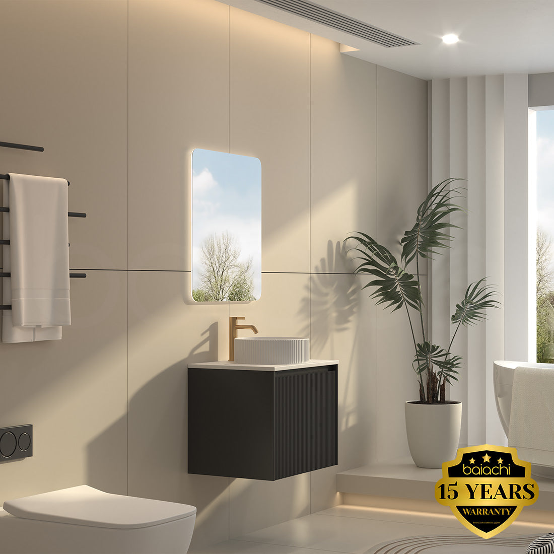 Baiachi Clermont 600 Black Fluted Wall Hung Bathroom Vanity White Stone