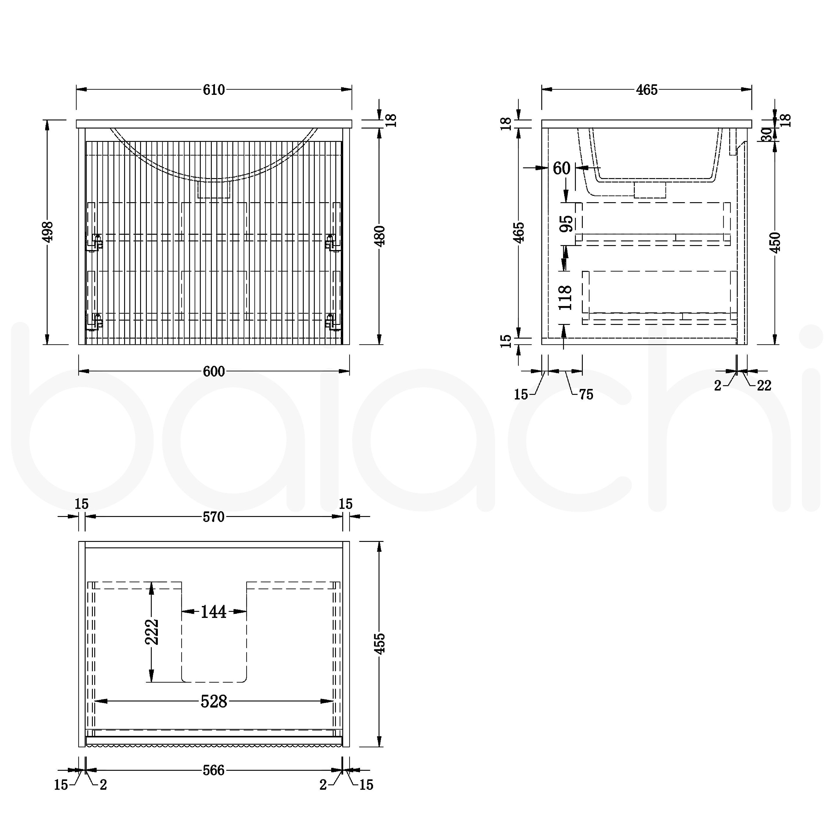 Baiachi Clermont 600mm Black Fluted Wall Hung Bathroom Vanity Cabinet